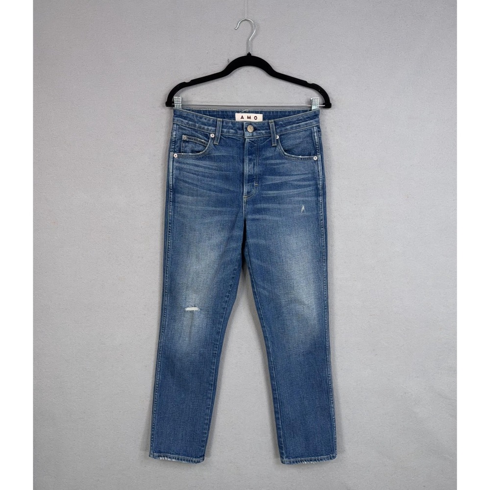 AMO Jeans Womens 28 Babe Tried True Blue High Rise Slim Button Fly Distressed